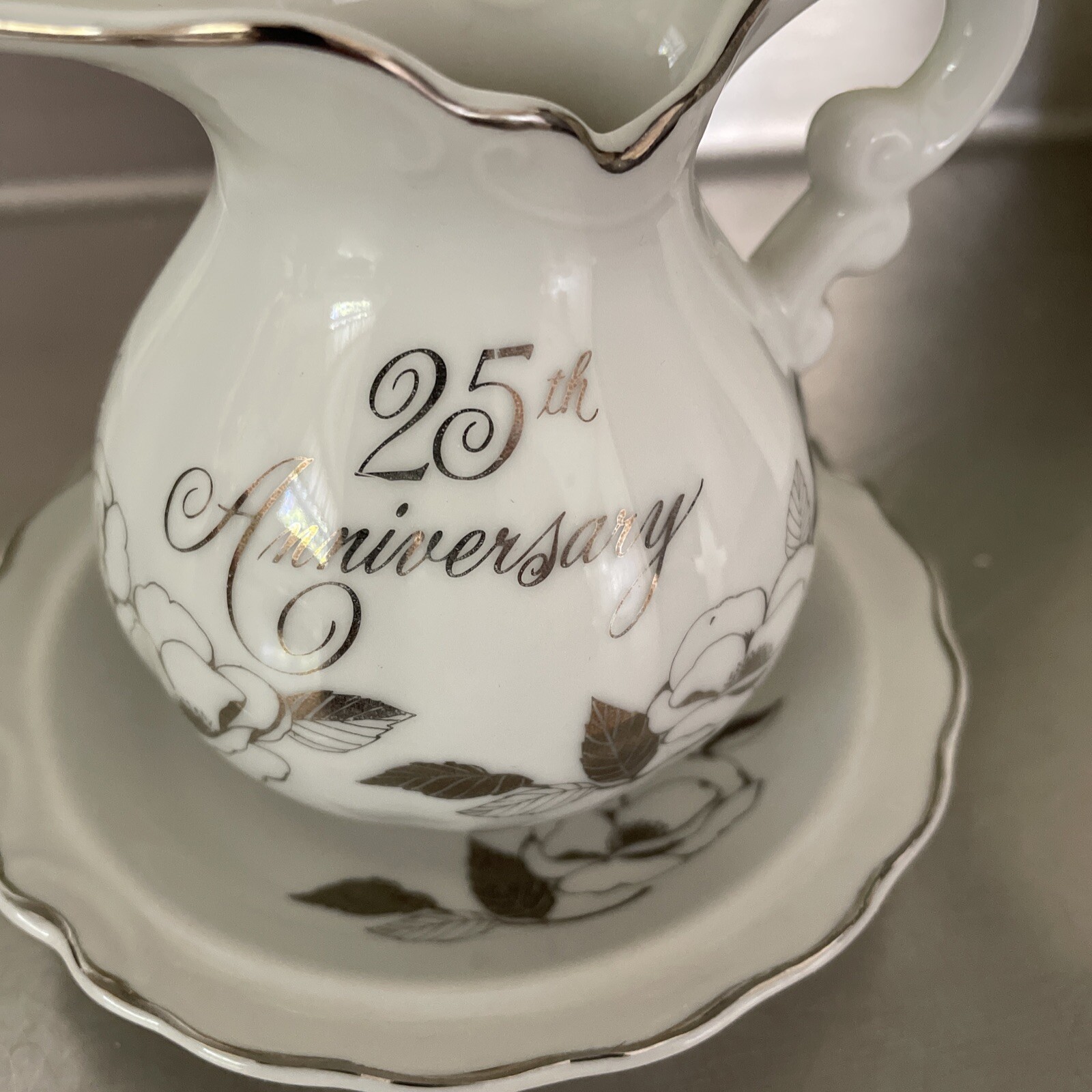 VTG Sliver Trim 25th Anniversary Creamer Pitcher and Saucer George Good Japan