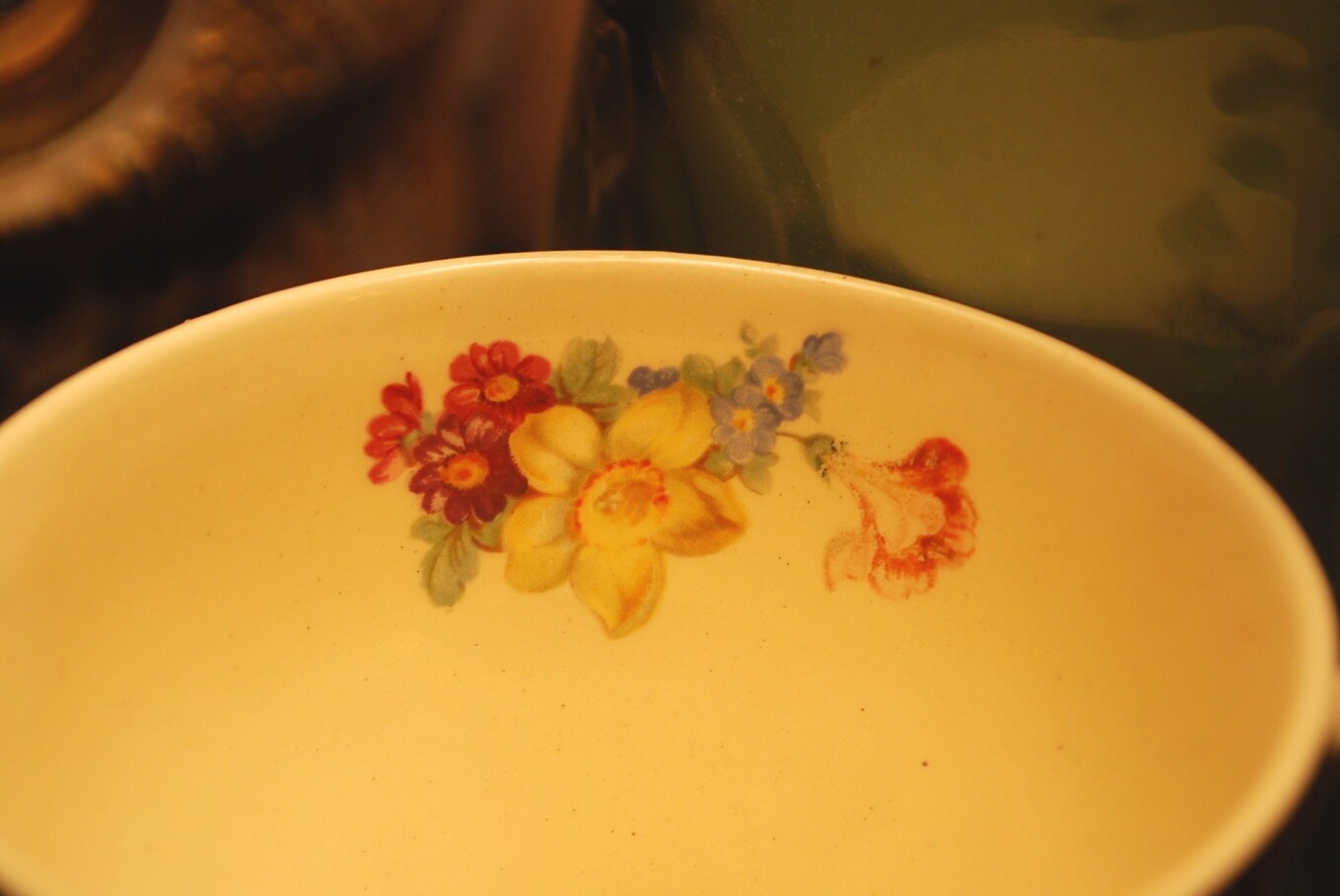 Antique Set 4 SHERBORNE FLAT TEACUPS Wood & Sons Cobalt Band Yellow/Floral Inner