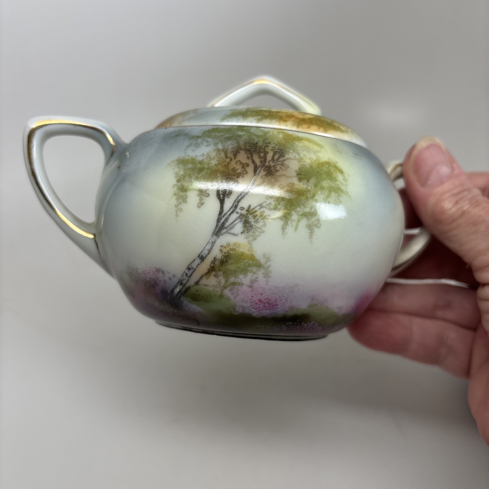 Antique RS Prussia Rare Sugar Creamer Cottage Barn Motif