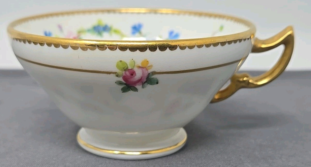 Minton Demitasse Cup Saucer H1100 Floral, Gold Border C. 1905