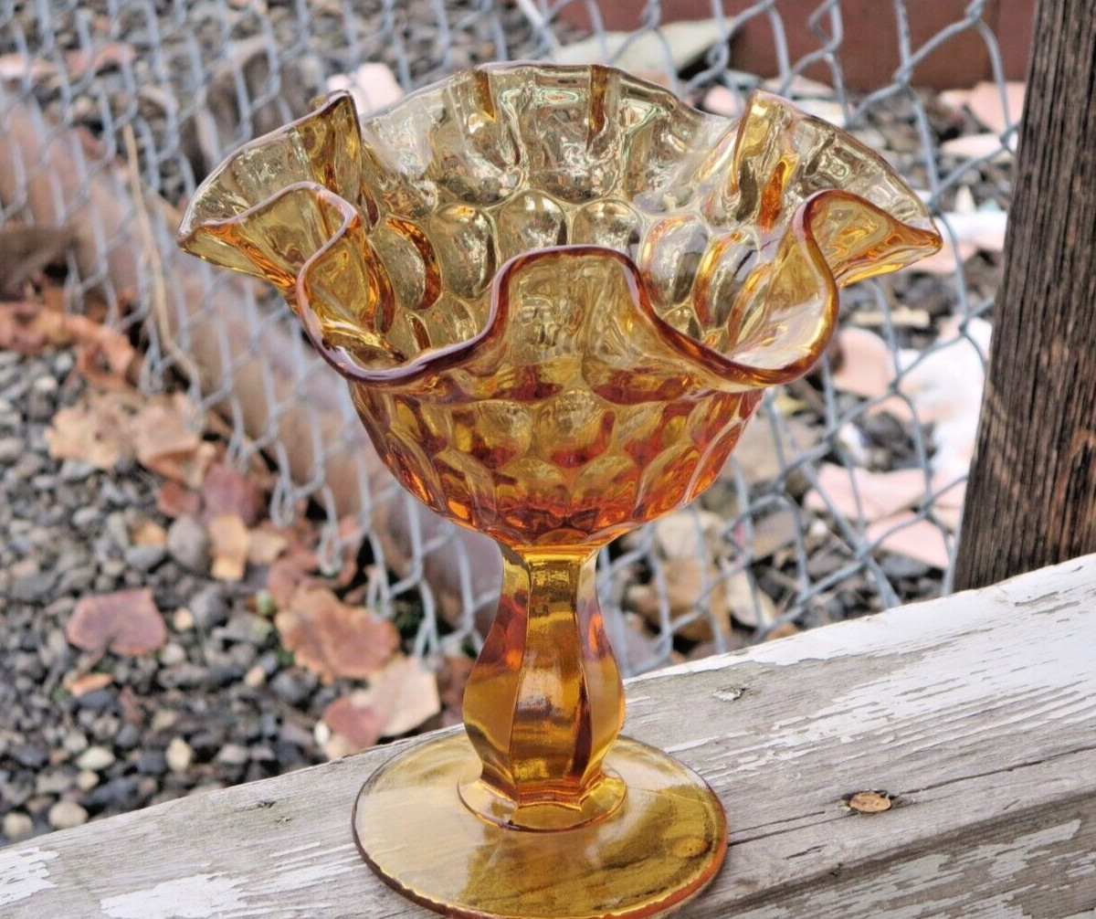 Vintage Fenton Amber Glass Compote Thumbprint Pattern Ruffled Rim Hexagon Stem
