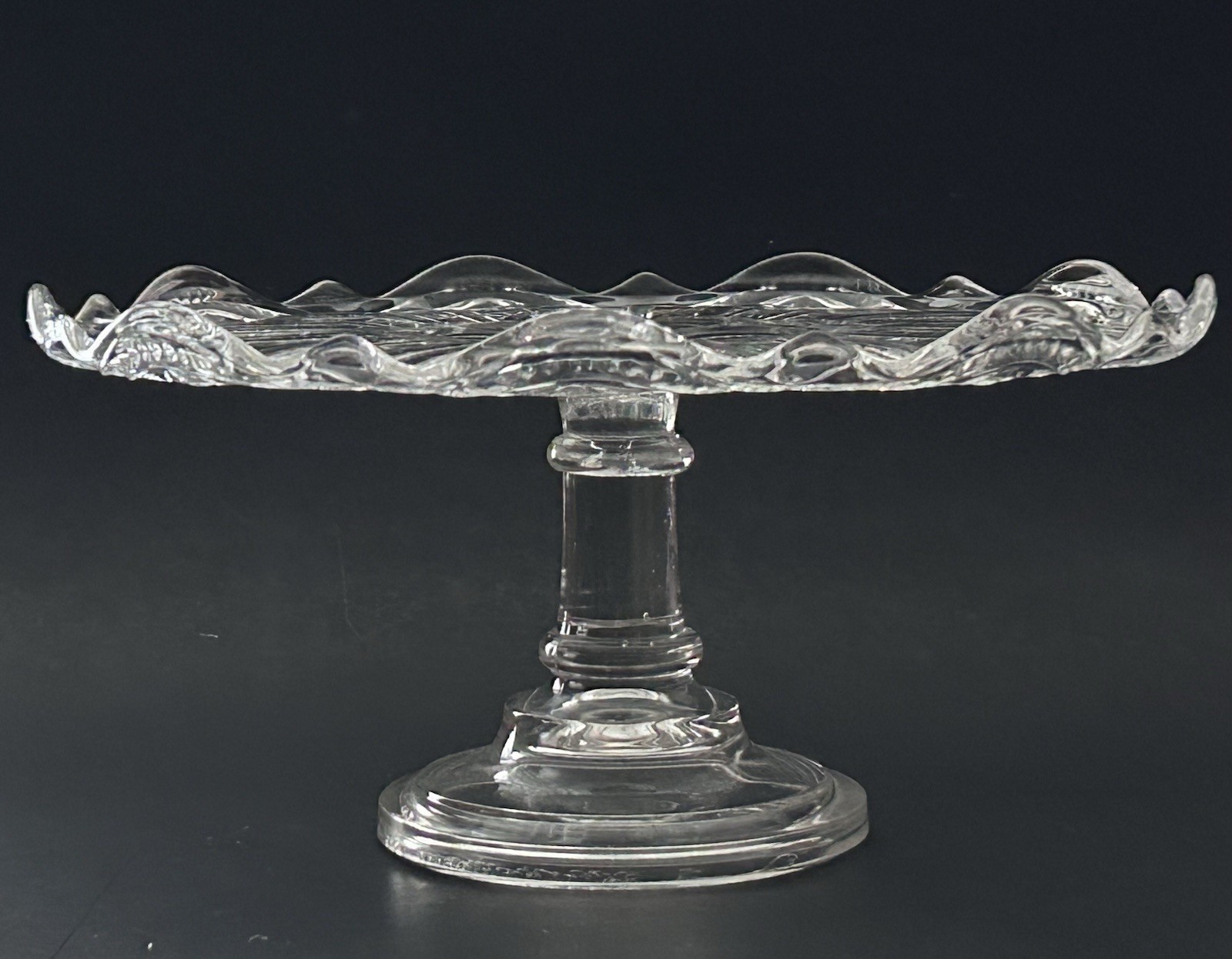EAPG Bryce Walker & Co Jasper Late Buckle Pedestal Cake Stand Clear Glass 10”