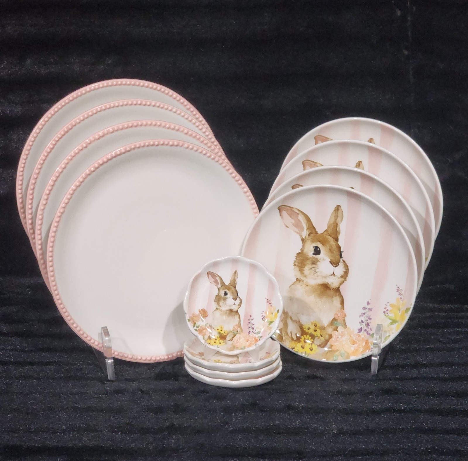 4 Pink White Floral Bunny Striped Tidbit Plates 4.4″ Ceramic Easter Watercolor