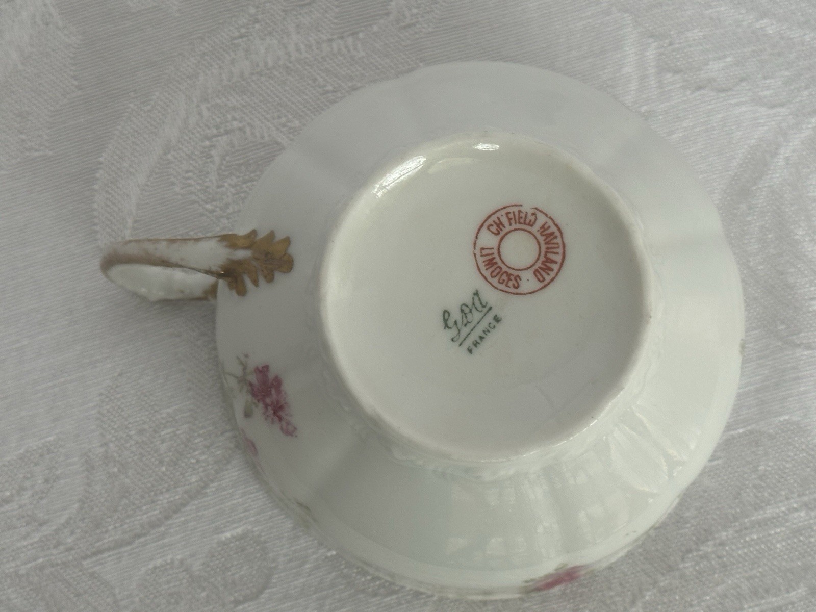 Charles Field Haviland Limoges Embossed Cups And Saucer W/Pink Floral Sprays