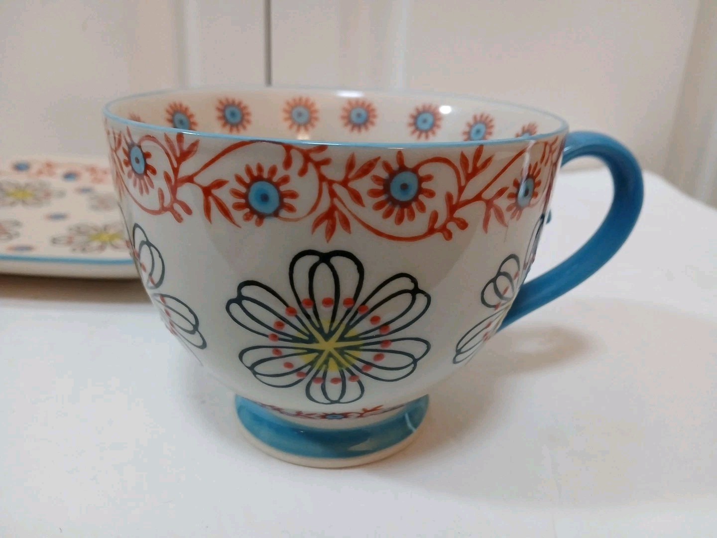 New Yokohama Studio Mug Plate/Saucer Hand Painted Lt Blue Yellow Raised Design