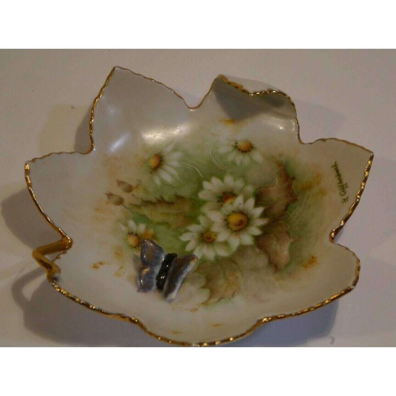 Trinket Dish Hand Painted Porcelain Flower Applied Raised Butterfly signed Vntg