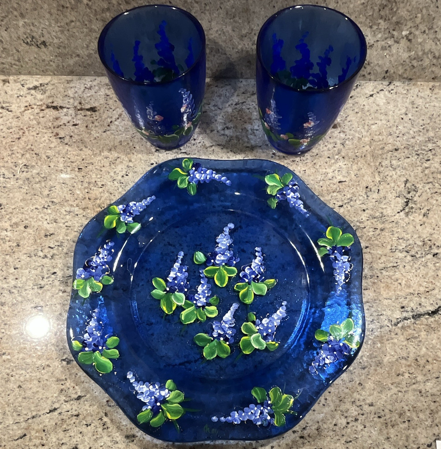 Blue Floral Octagonal Glass Decorative Plate, Glossy Finish, Green Purple