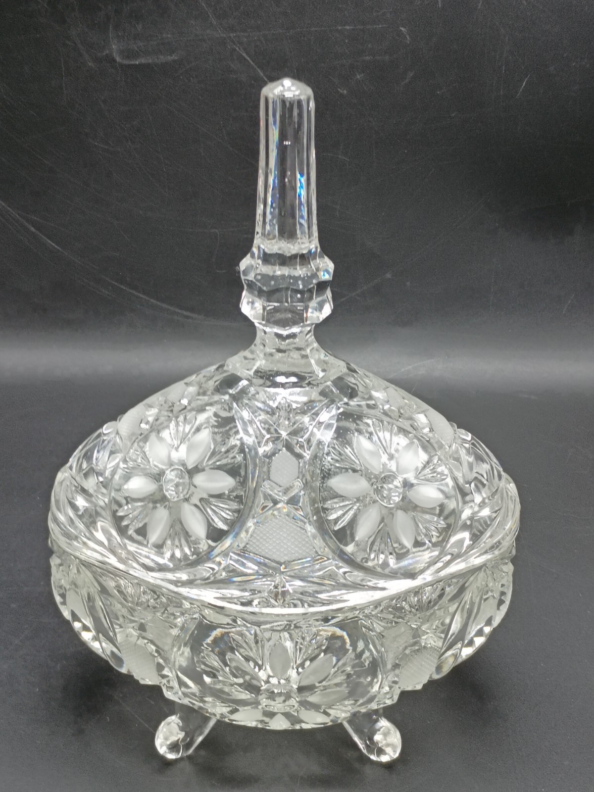 Vintage Large Heavy Etched Crystal Covered Oval Candy Dish Floral
