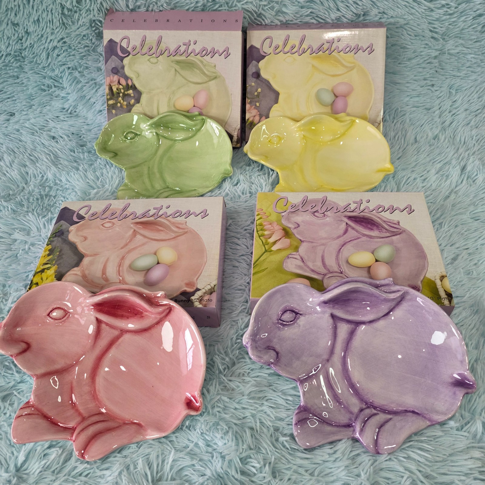 Set of 4 Celebrations Easter Bunny Appetizer Plates – Pastel Pink Green Yellow
