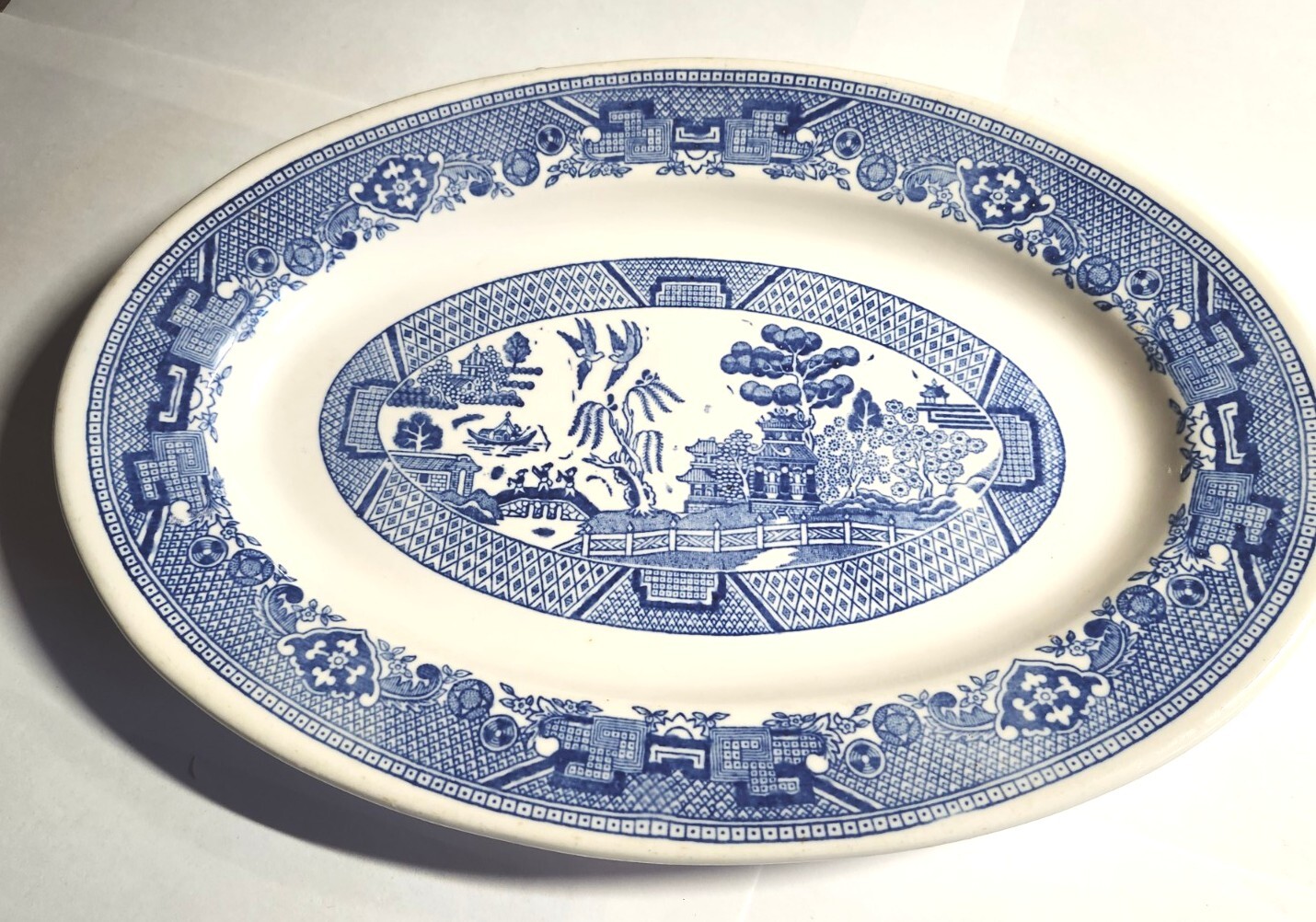 Buffalo China Blue Willow Oval Platter 13 1/2″ Vintage Ware Oneida Asian Scene