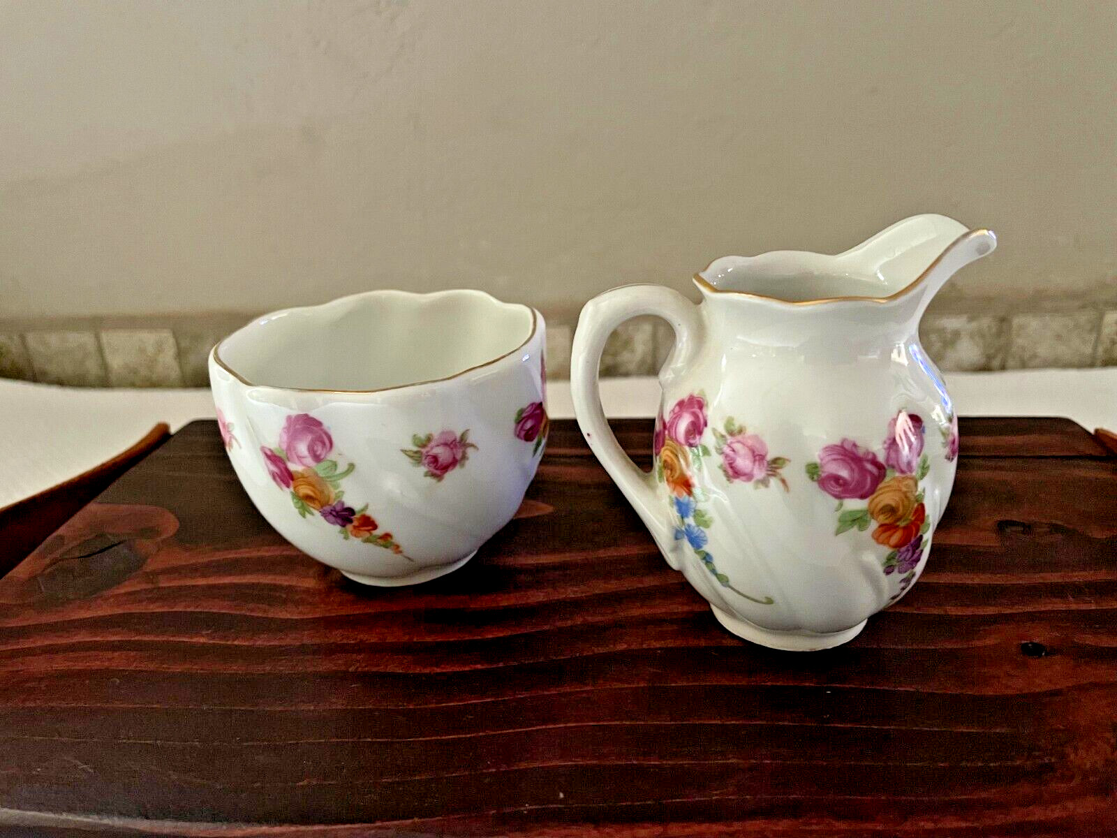 Schumann Bavaria Germany US Zone Open Sugar & Creamer Roses Floral Gold Trim