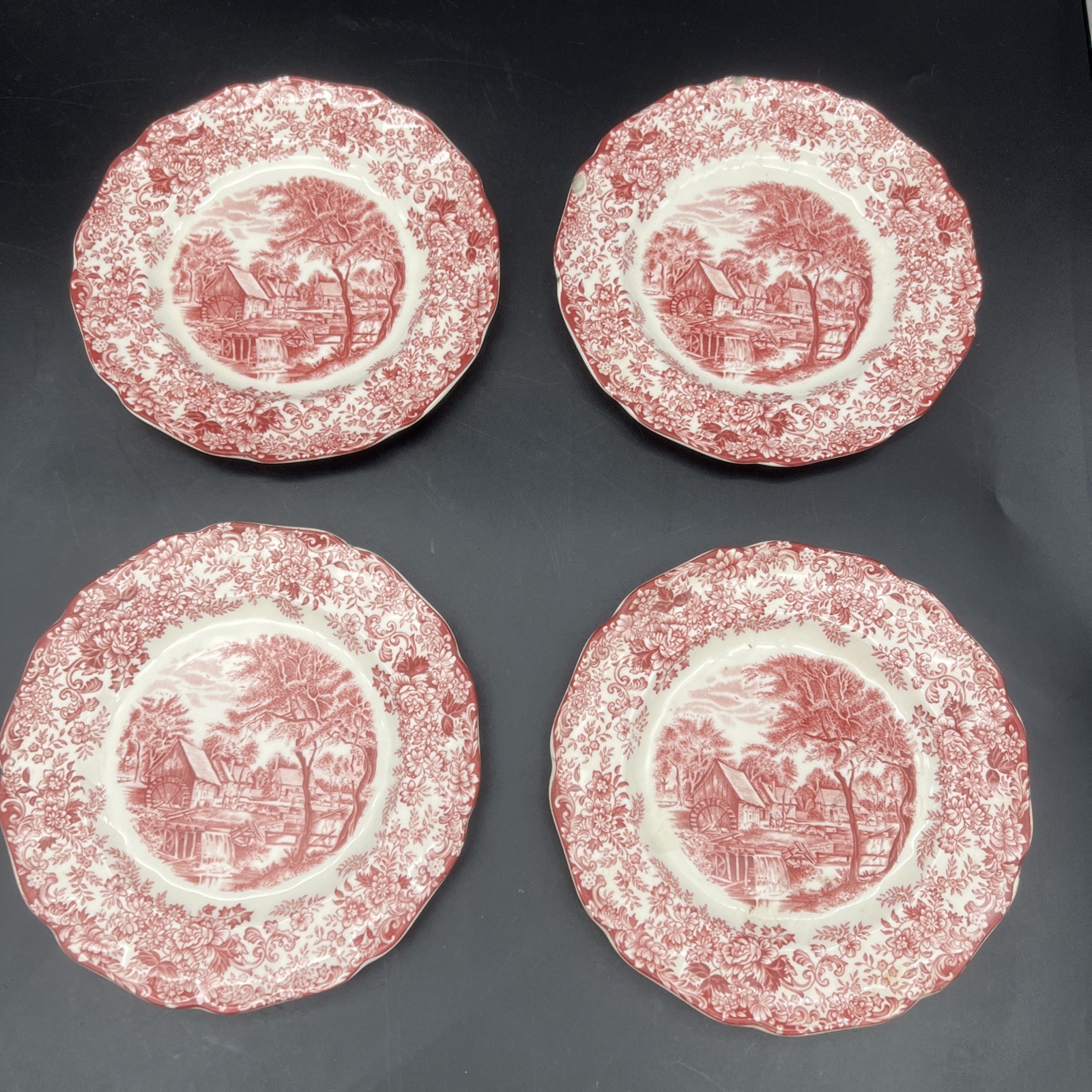 Set of 4 Mill Stream Red Transferware Bread Plates-6 1/4″