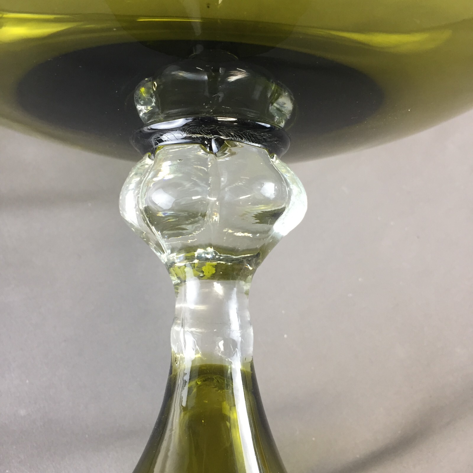 VTG Olive Green Footed Round Glass Compote Clear Stem 8 3/4″ Bowl, 7 1/2″ Tall