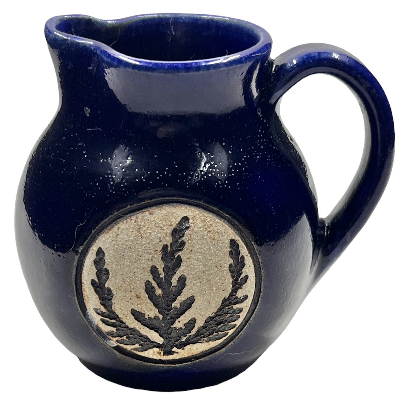 Vintage Art Pottery Creamer Deep Blue Glaze & Etched Ferns Stoneware 3.5” Signed
