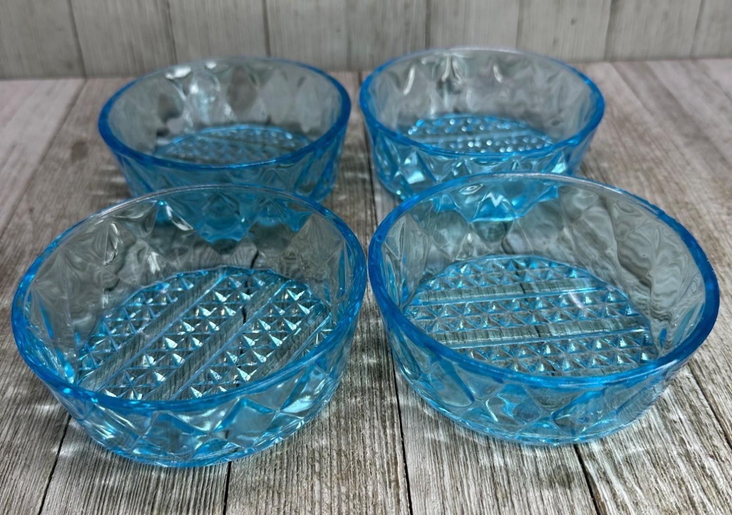 Vtg EAPG Bryce Brothers Style Ramekin Bowls 4″ DIA Diamond Blue Glass Set of 4