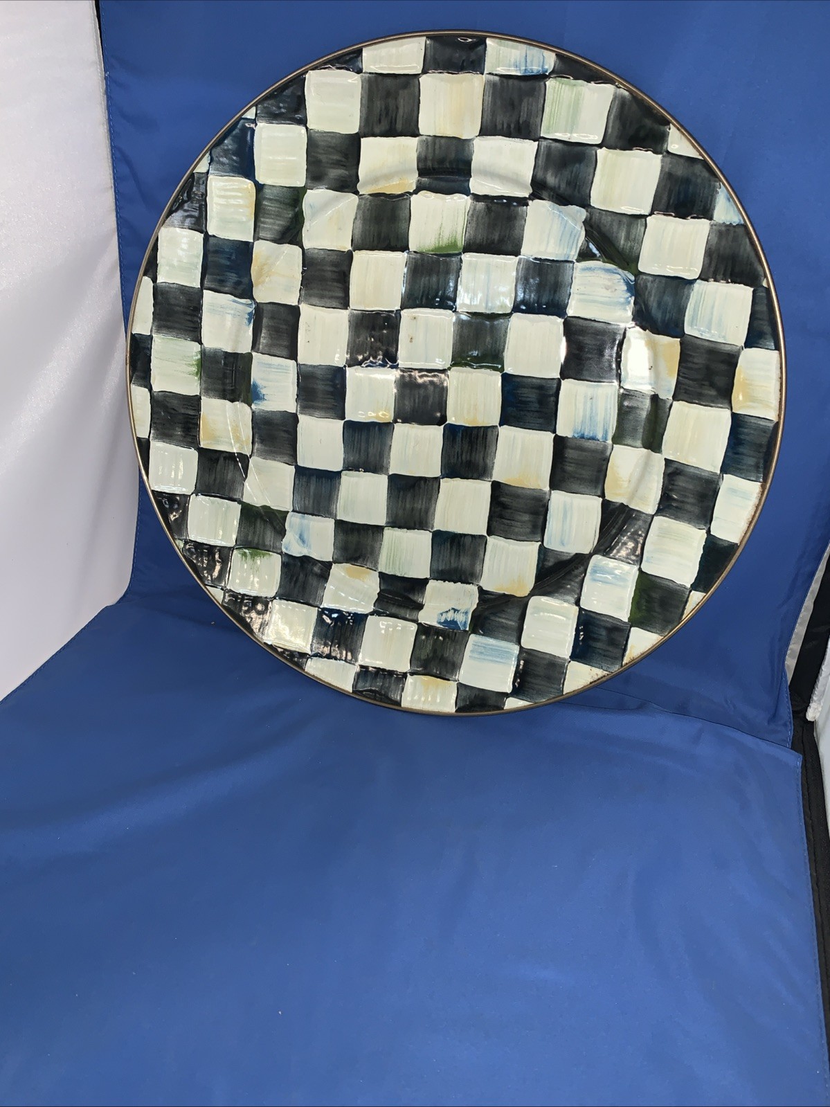 Mackenzie Childs Tabletop large Pottery courtly check Pedestal Platter tabletop
