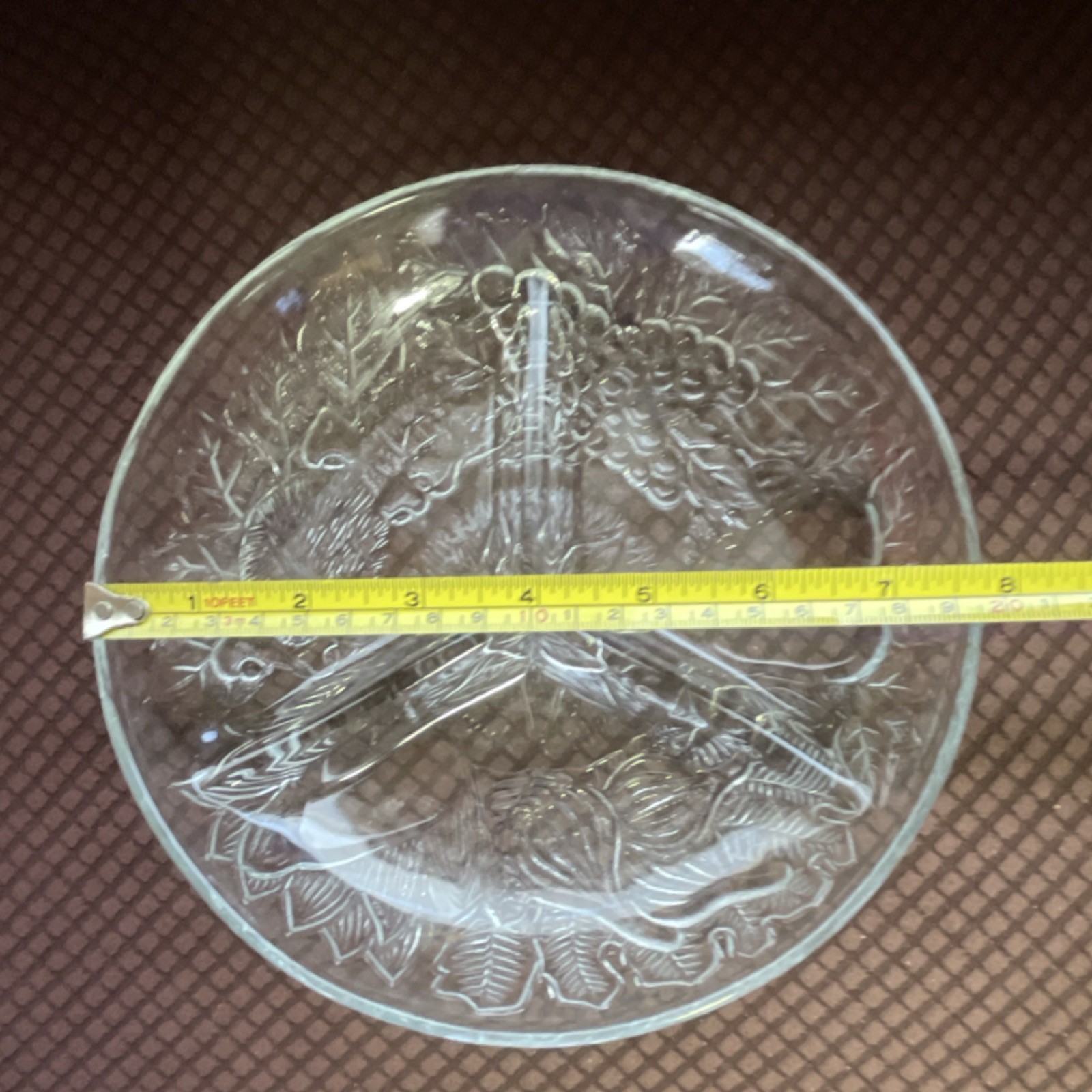 Clear Glass Divided Dish with Fruit and Leaves Pattern, 3 Compartments, 8 in