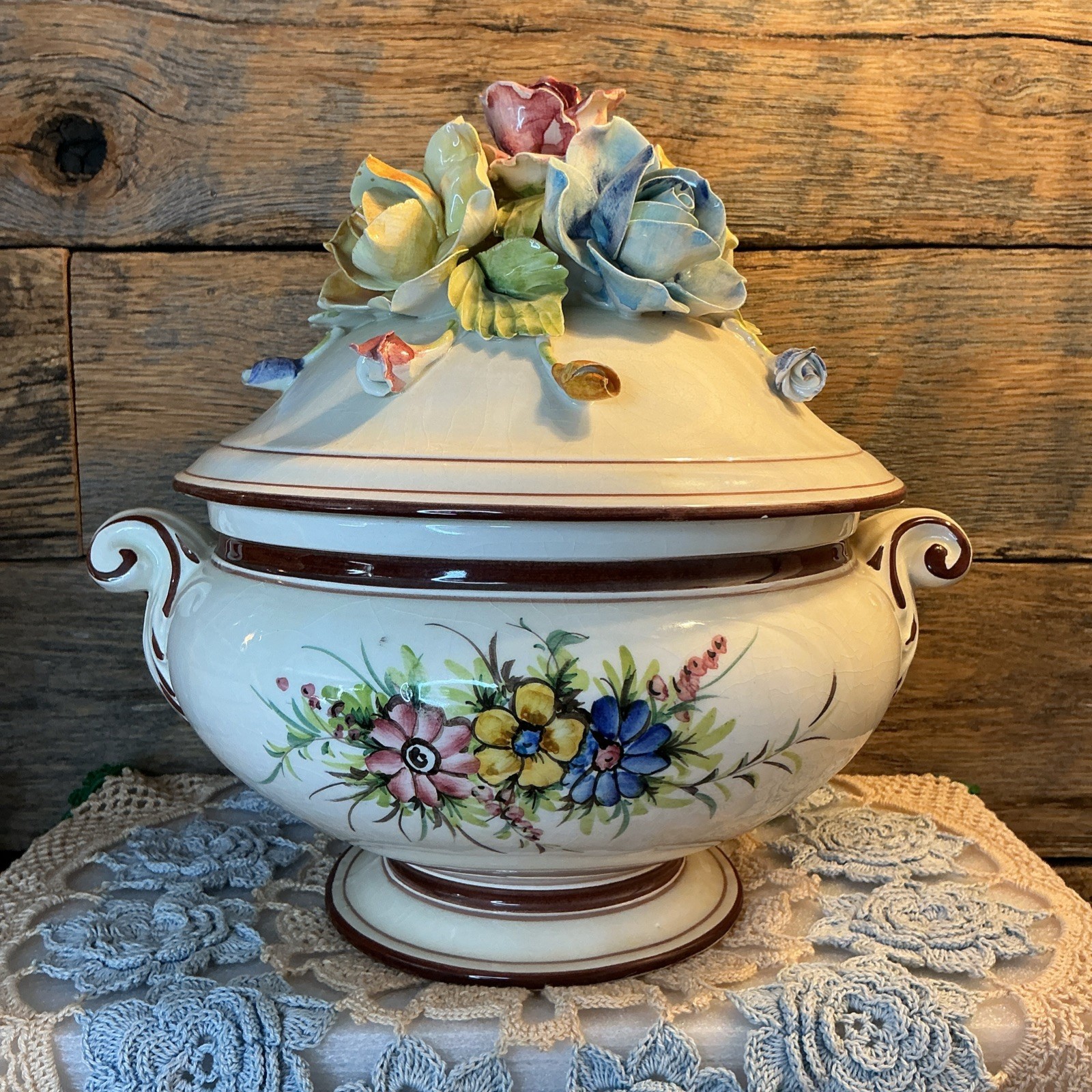 Vintage Italian Ceramic Centerpiece Bowl Capodimonte Style Floral 12” Crown N