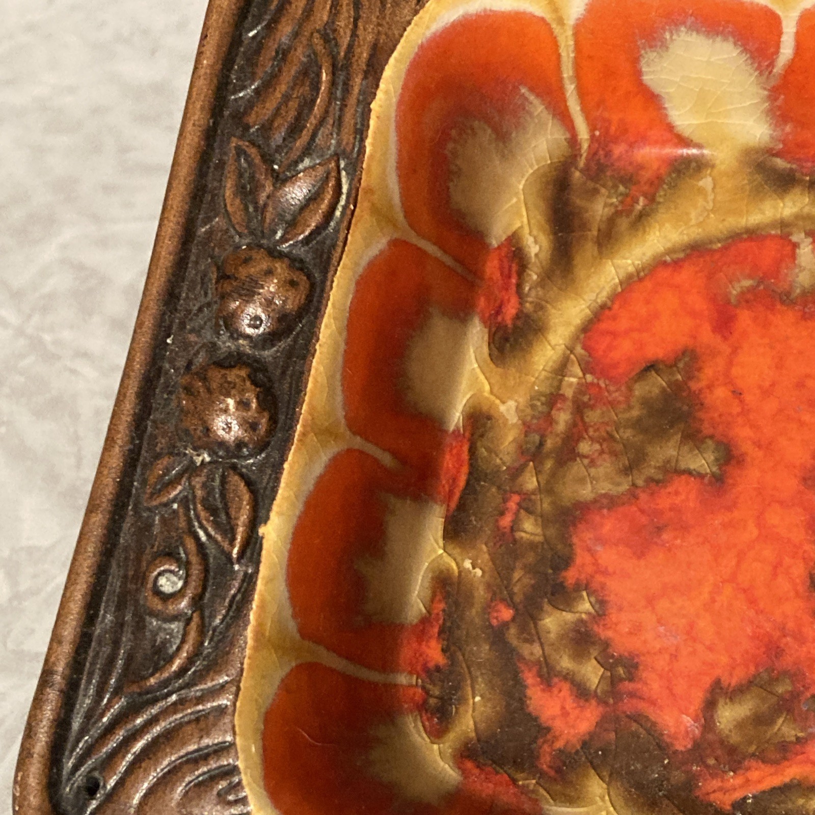 Vintage Treasure Craft Dish – Orange/ Gold/ Brown Drip with fruit edging