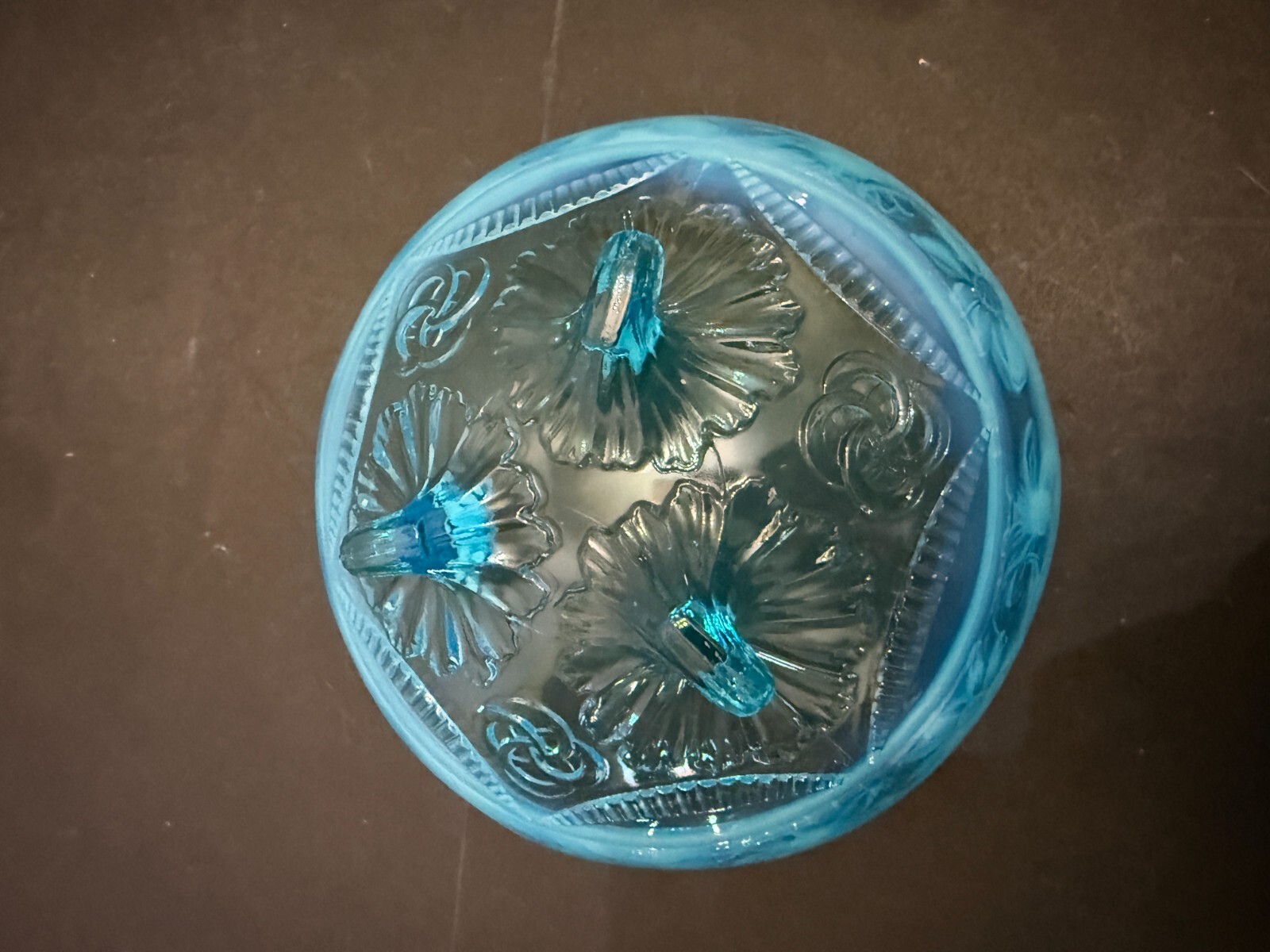 Antique c1905 EAPG Jefferson Glass Blue Opalescent Ruffles and Rings Footed Bowl