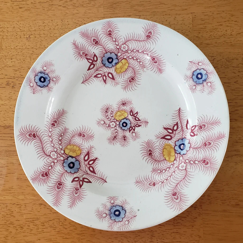 Antique Pink Feather Transferware Polychrome Plates 9” Set of 2 Wood & Challinor