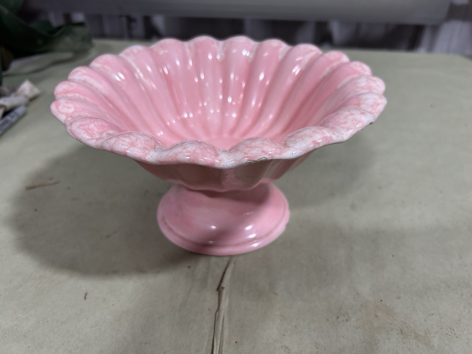 Scalloped Pink And White Pedestal Bowl 8 1/2 Inches At The Top