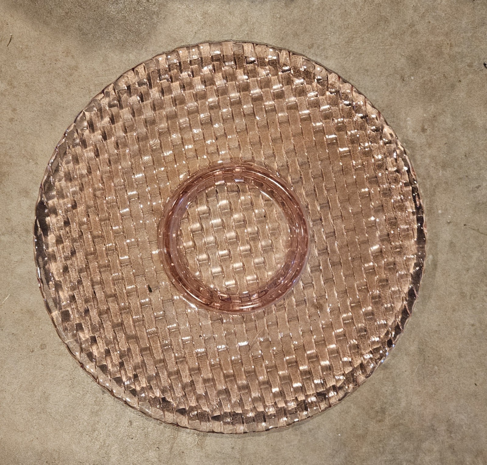 13″ Round Pink Depression Glass w/ Diamond Quilted pattern. By Imperial Glass Co
