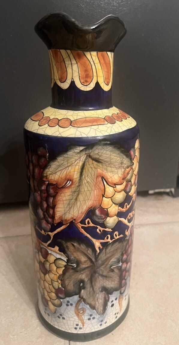 Italian Pottery Vintage Pitcher Fruit And Leaves Painted Rare Gorgeous