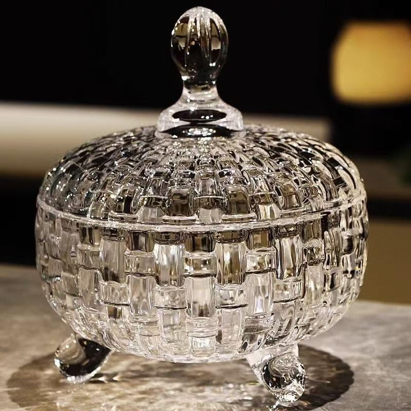 Candy Jar with Lid Crystal Glass Candy Storage Weave Design Candy Dish Bowl f…