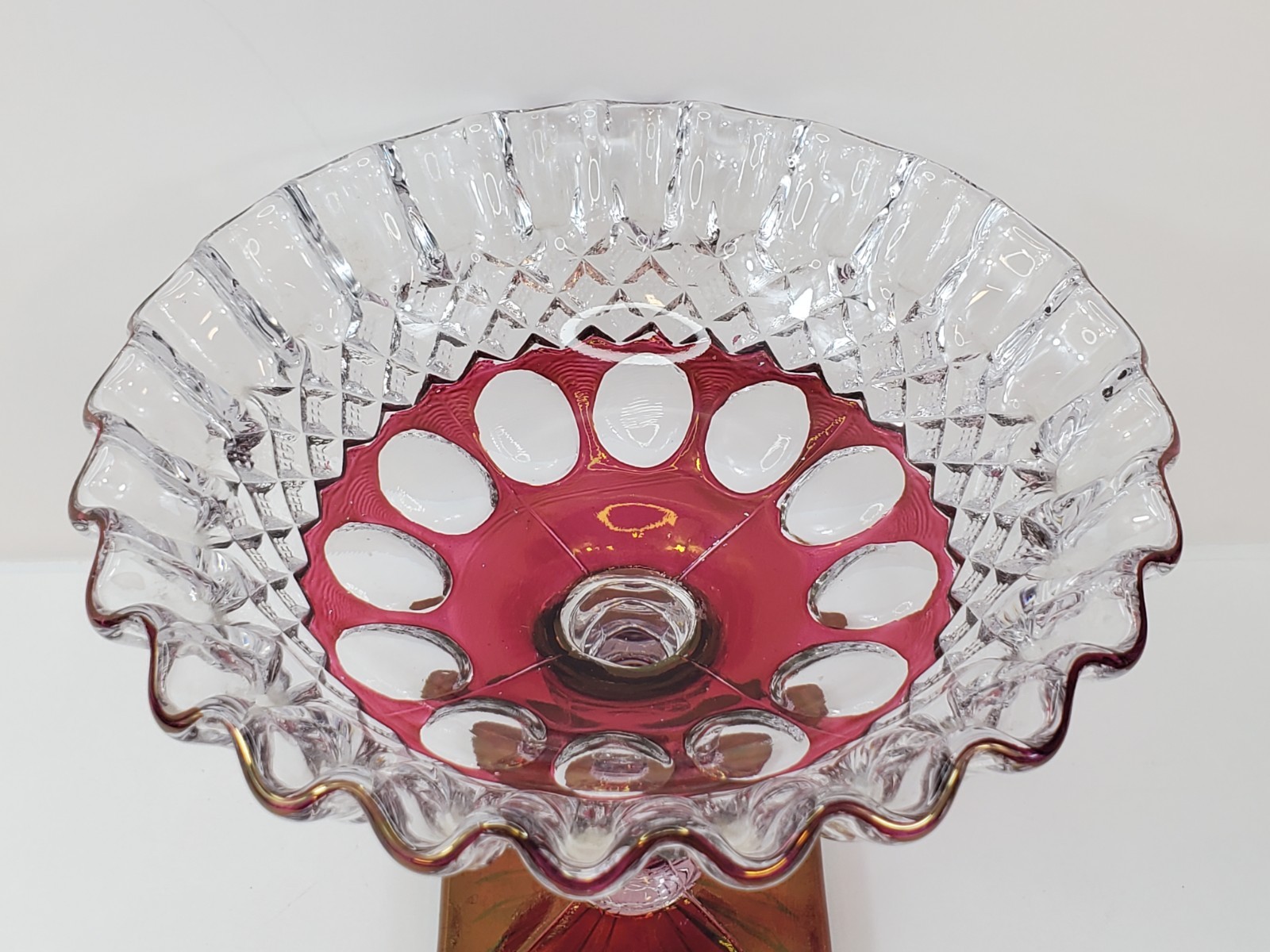 Vintage Westmoreland Compote Ruby Stain Ruffled Edge Glass Pedestal Bowl