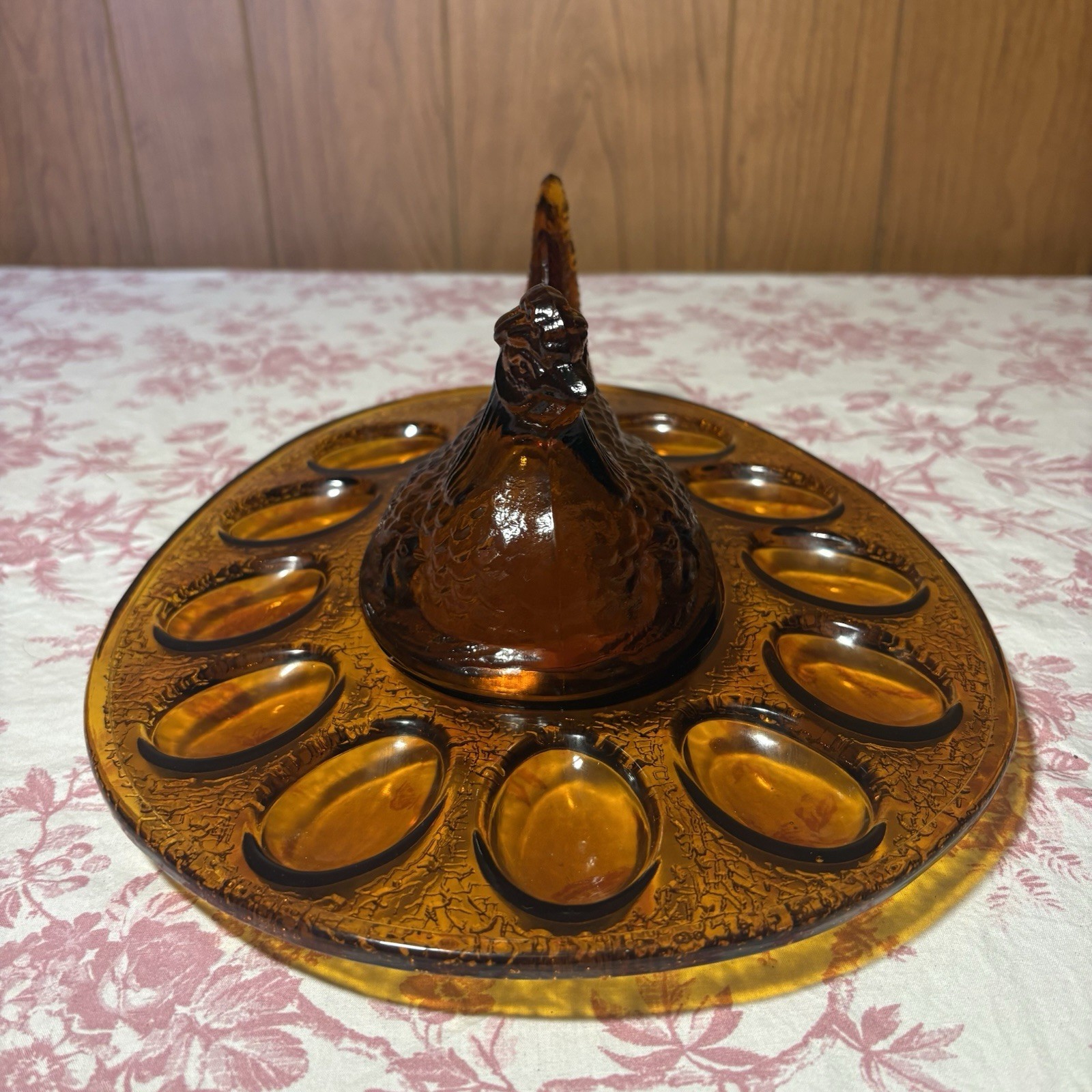 Vintage LE Smith Amber Glass Hen On Nest Chicken Deviled Egg Plate Rare HTF