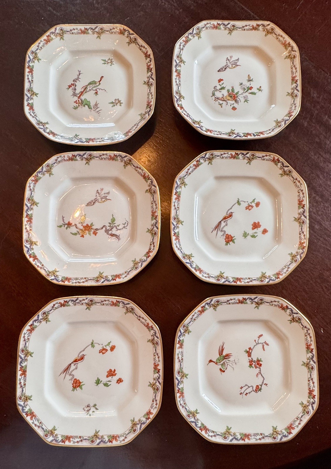 Antique Bernardaud Limoges BIRD of PARADISE Octagonal dessert Gold Gilt FR 6 pcs