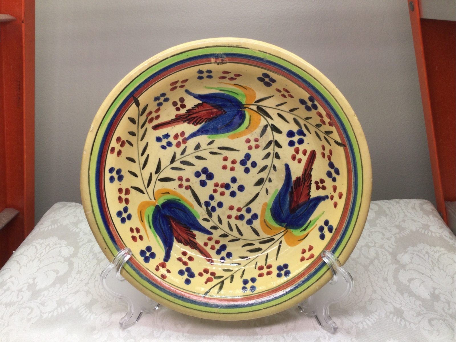 Antique Ceramic Earthenware Bowl Hand Painted Signed VG DEERX Spain 9.75”D