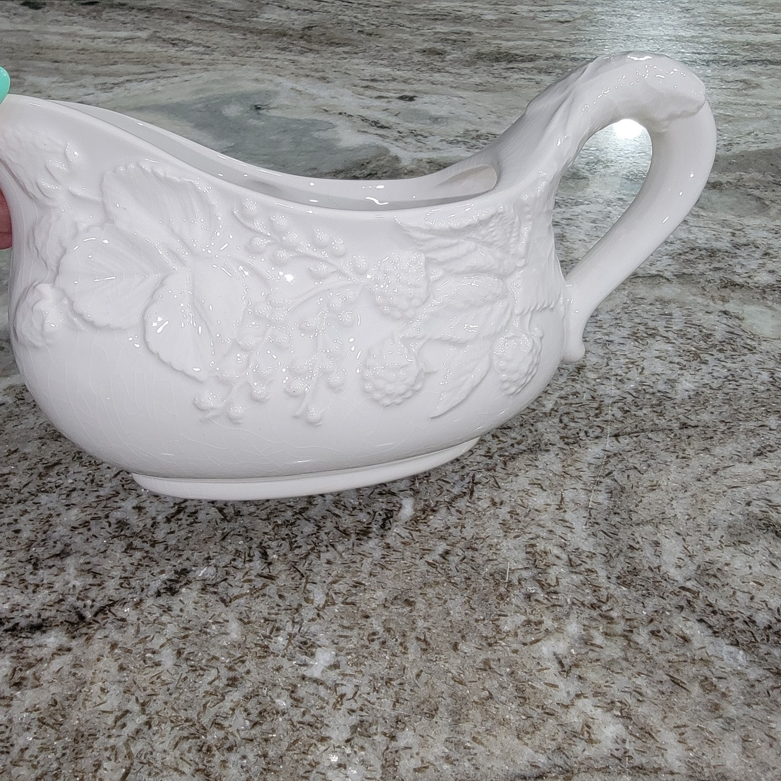 Vintage White Ceramic Grape Vine Gravy Boat Sauce Server Italy? Repair