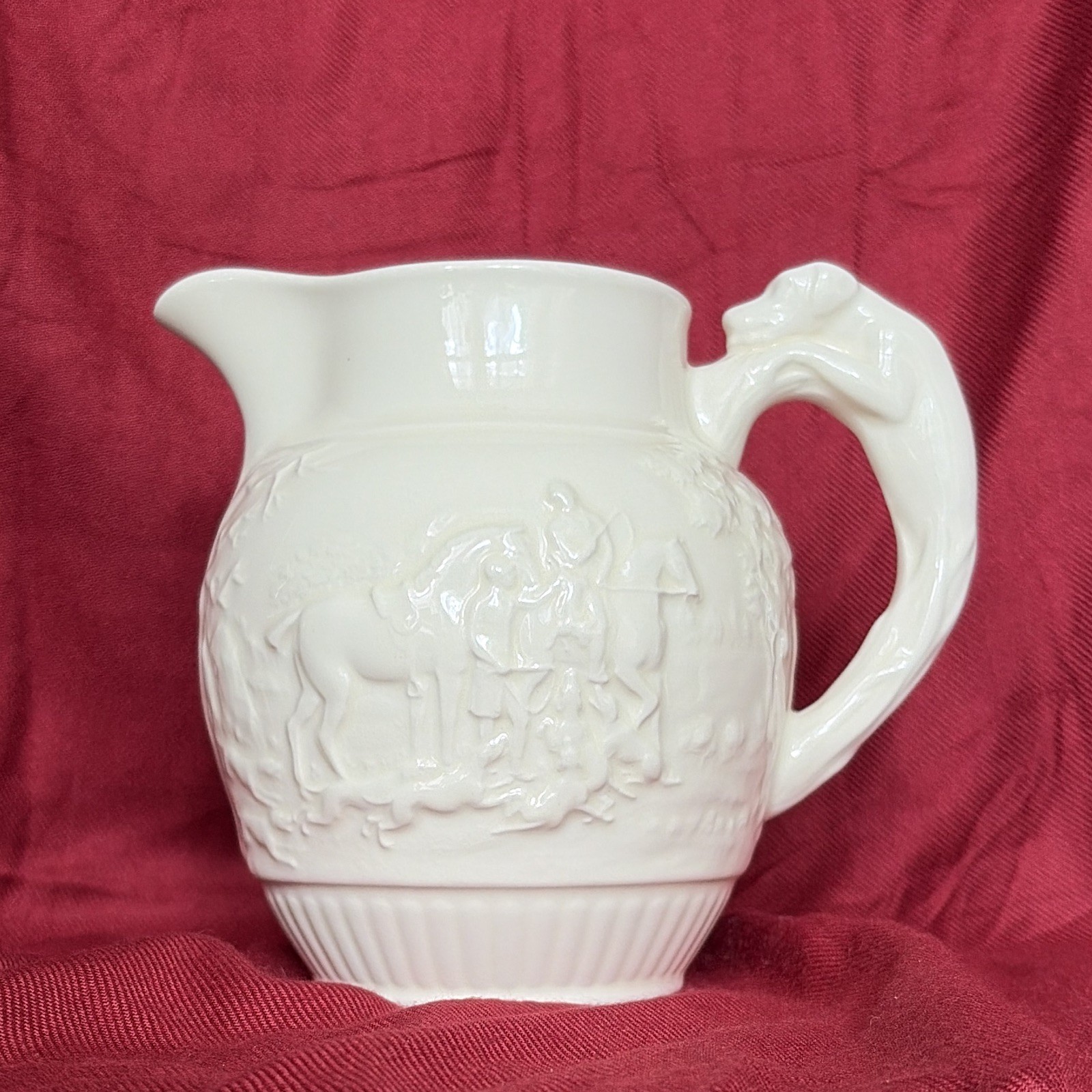 Wedgwood White Hunting Scene Embossed Ceramic Pitcher w/ Dog Handle
