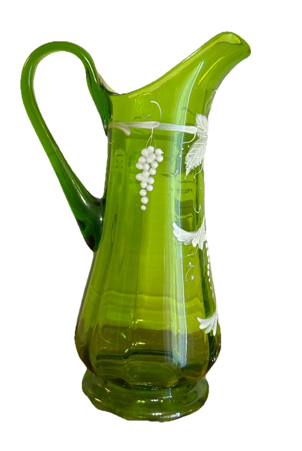Antique Victorian Green Glass Hand Blown Pitcher 3-D Enamel Work Grape Vines