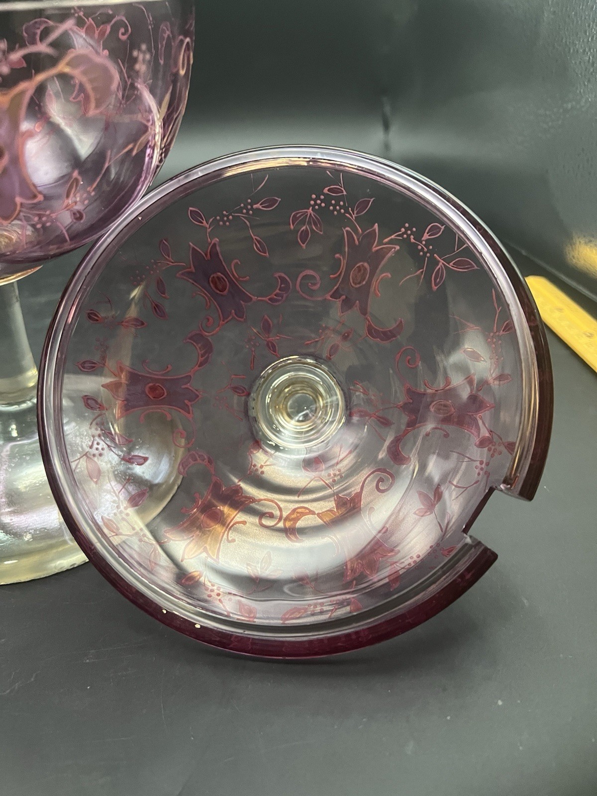 Cranberry Glass Candy Dish Bohemian Czech Lidded Pedestal Gold Details Vintage