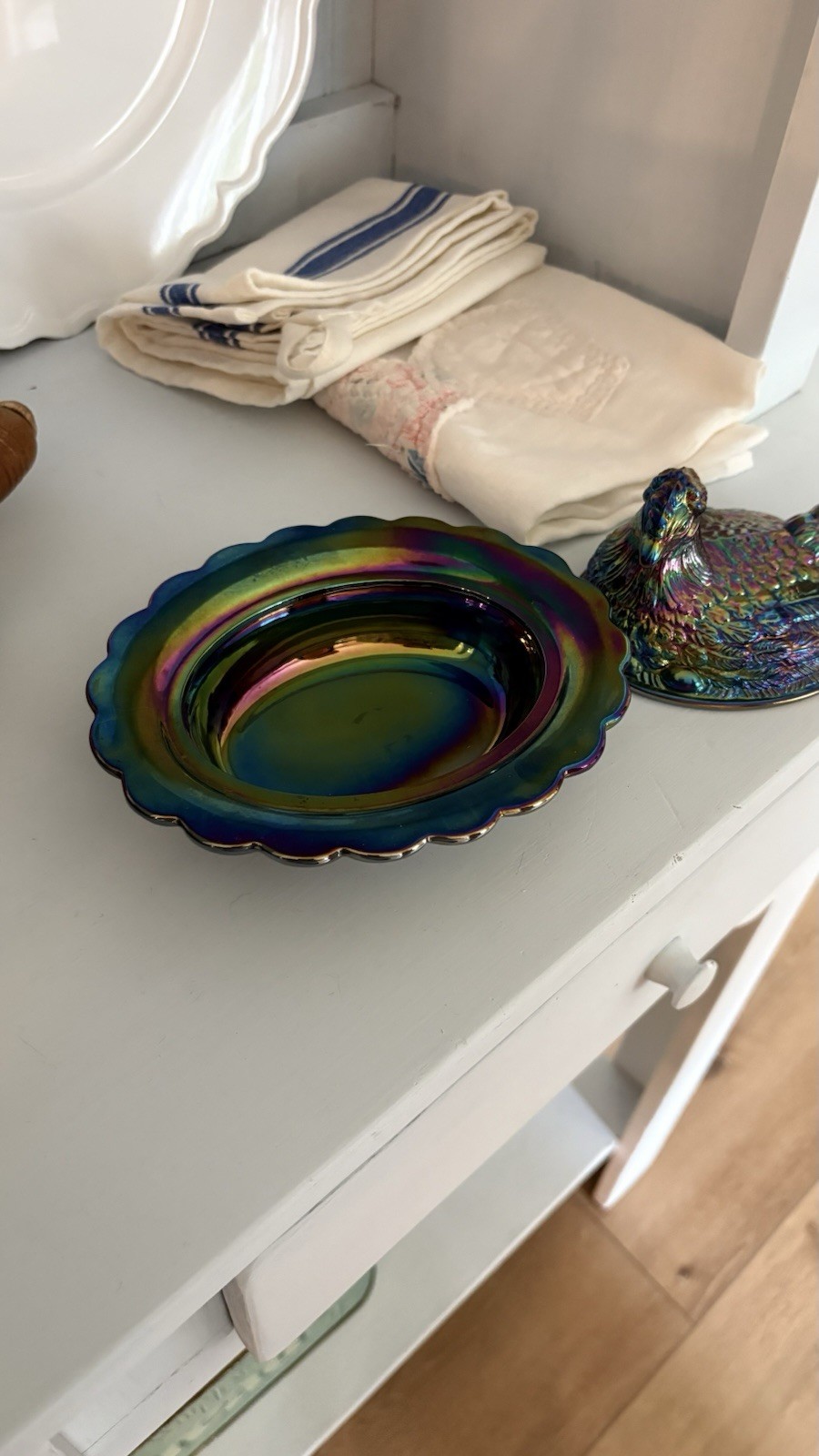 Mosser Black Amethyst Carnival Glass Hen on Nest| Mosser Logo In Between Tail.