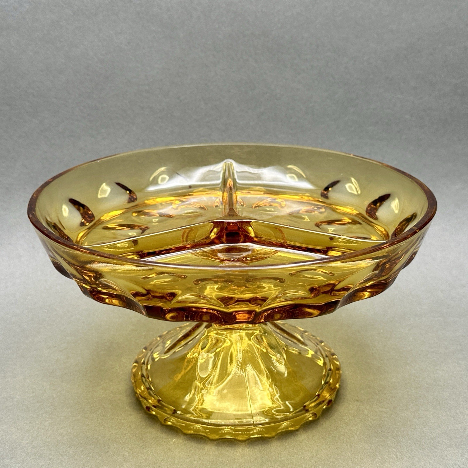 Vintage Hazel Atlas Golden Amber Glass 3 Part Divided Pedestal Serving Dish