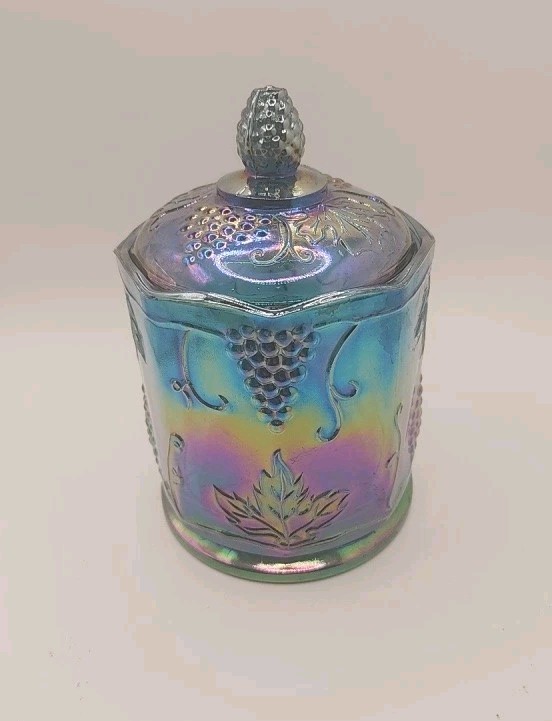 VTG INDIANA GLASS CARNIVAL GRAPE PATTERN BLUE IRIDESCENT 7.25″ TALL