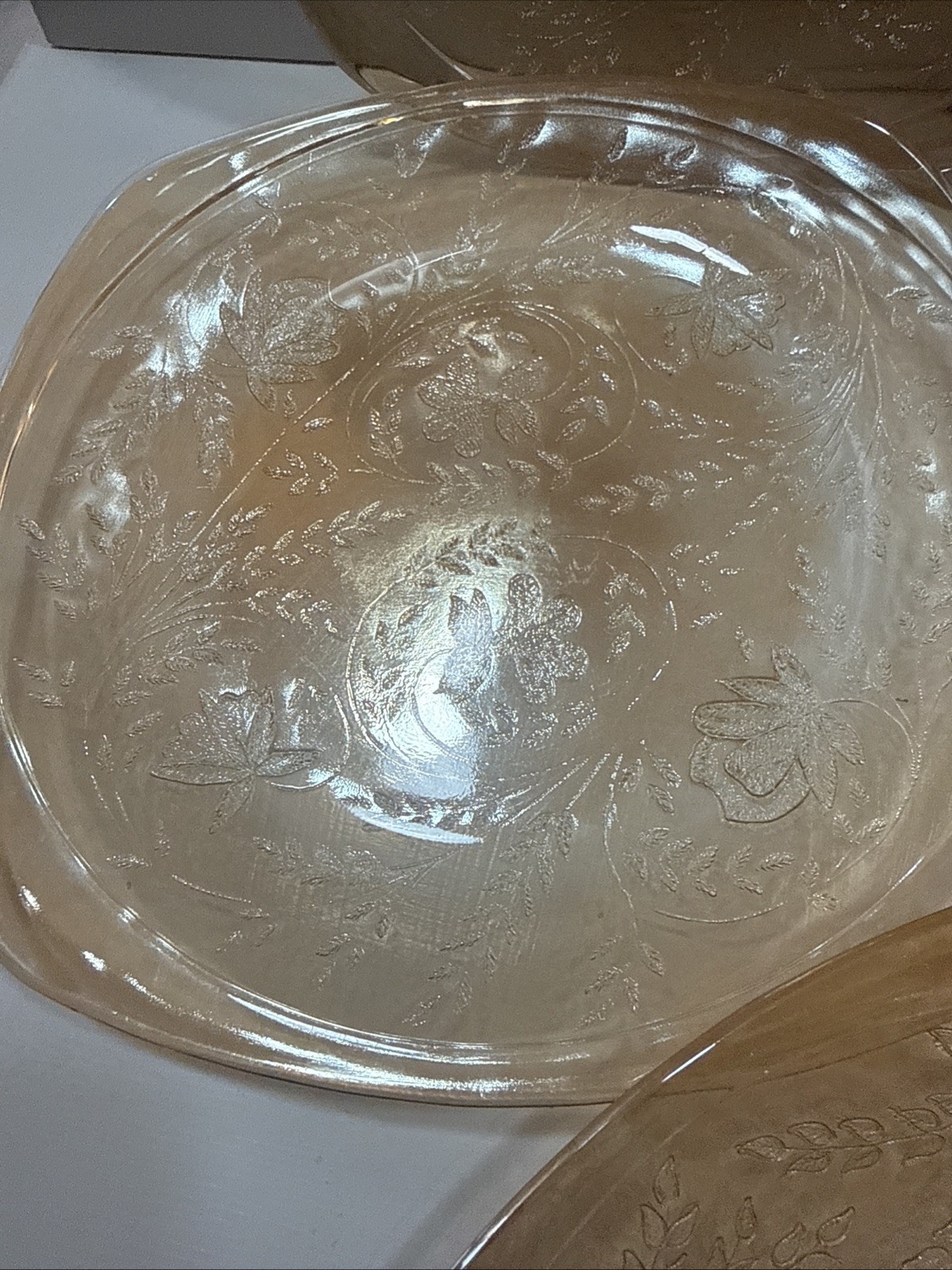 Jeannette Glass Floragold “Louisa” Iridescent Dessert Plates /bowl MCM Marigold