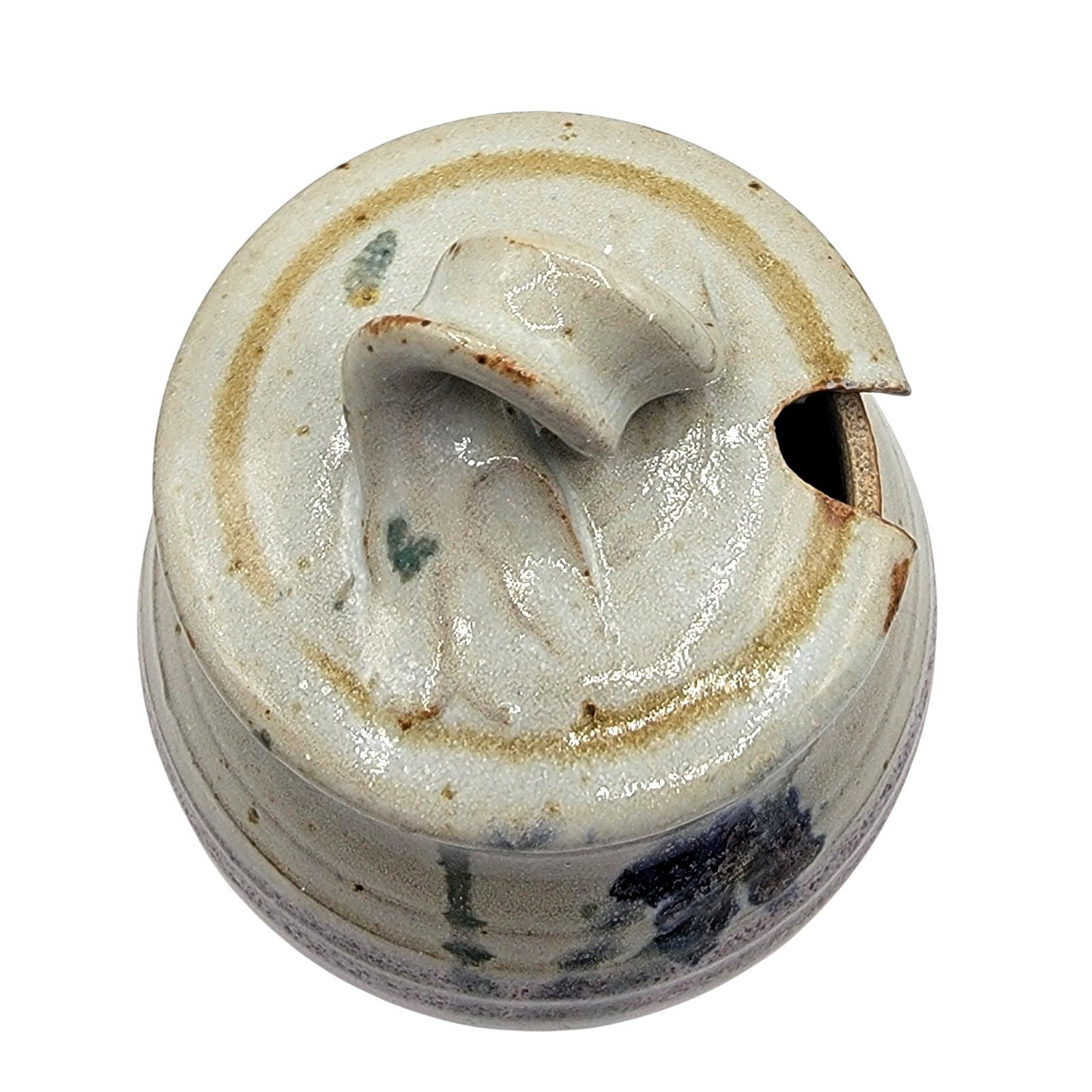 Studio Pottery Creamer Sugar Set Signed Purple Drip Glaze Blue Floral Stoneware