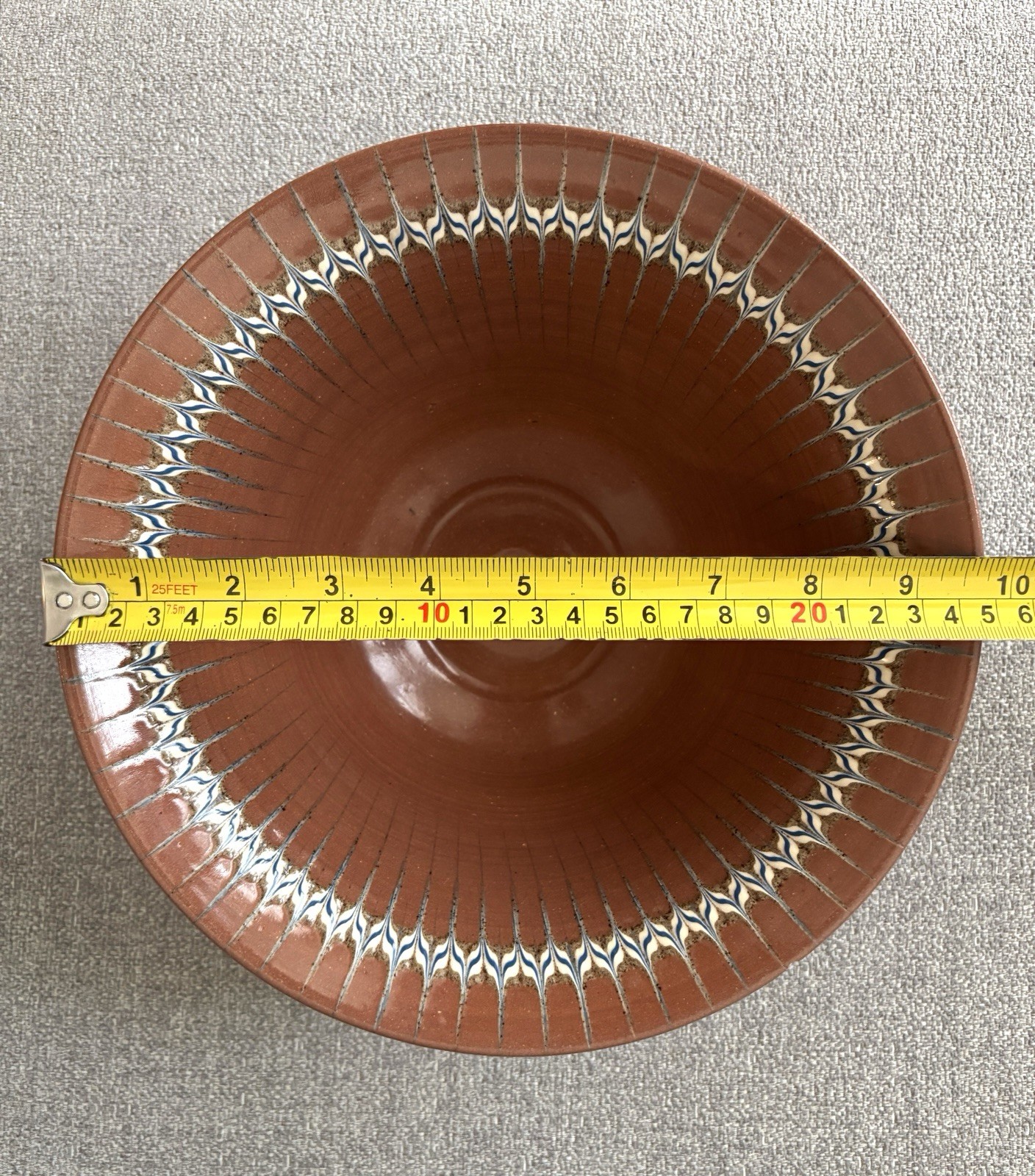 Handmade Painted Bowl 9.75” Earthenware Feather Pattern 1982 Signed James White