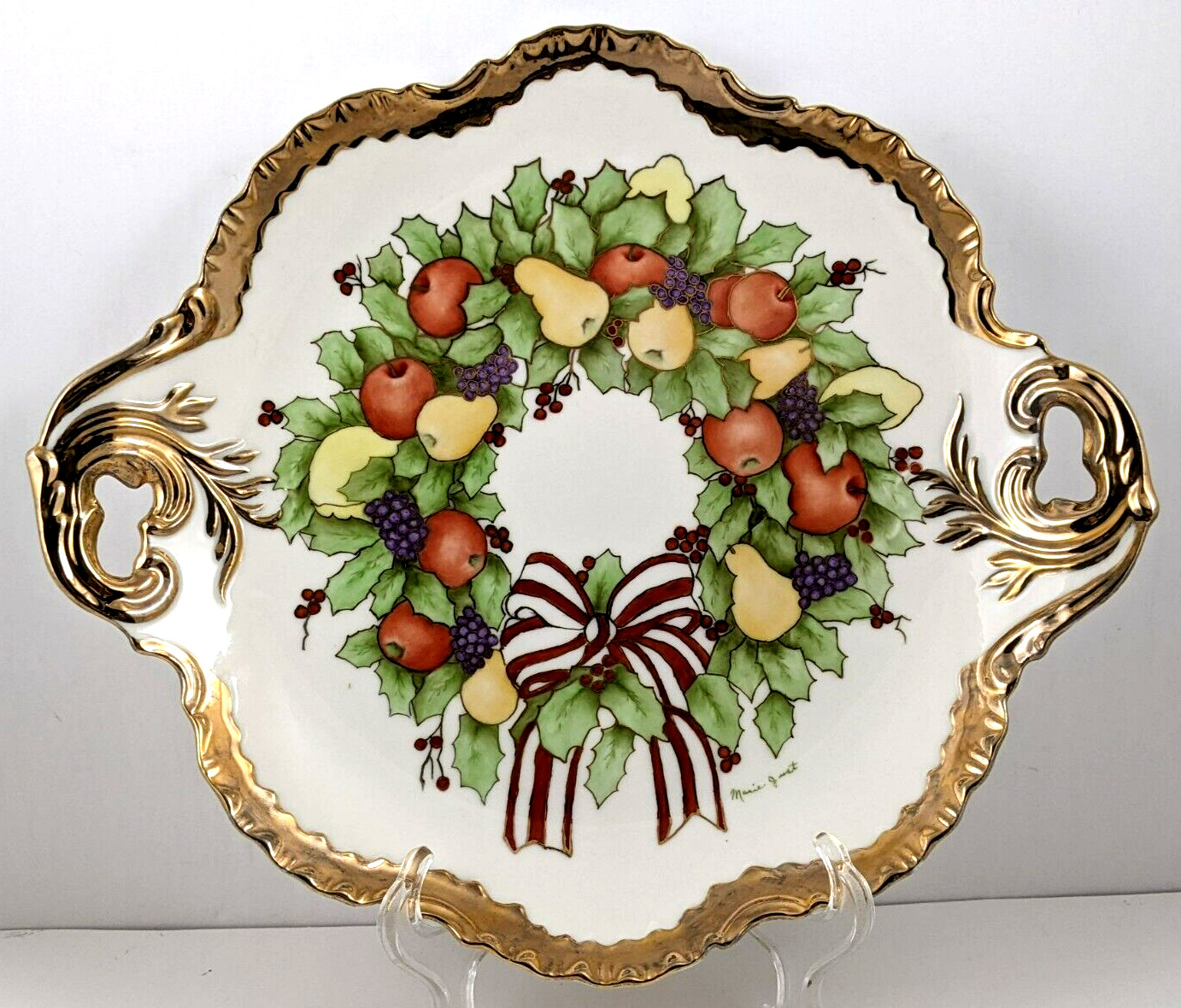 Hand Painted Ceramic Fruit Holly Berry Handled Platter Heavy Gold Trim Signed