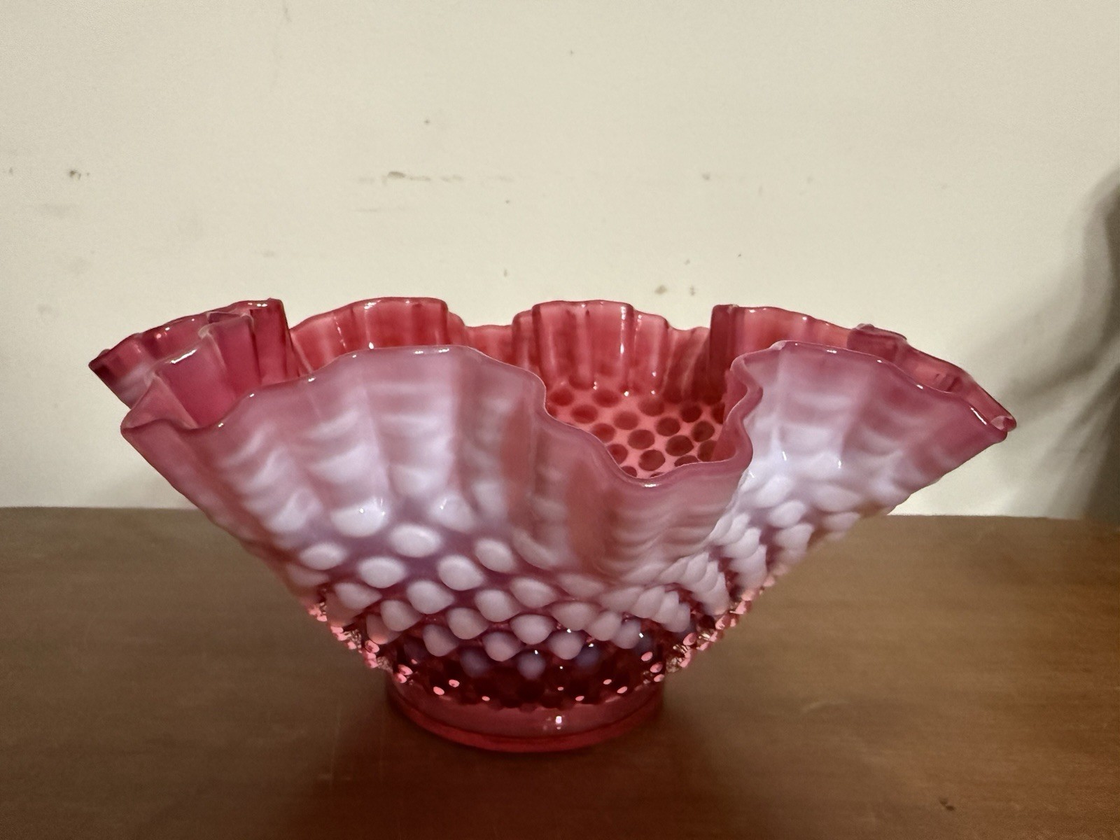 Vintage Fenton Cranberry Opalescent Hobnail Ruffled Bowl 9 & 1/2 inches wide