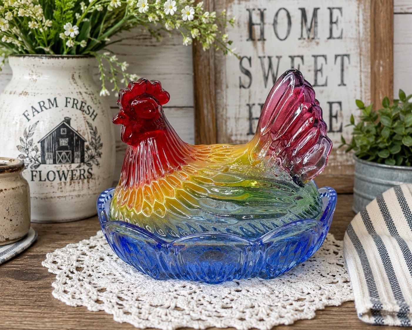 Rainbow Glass Hen On Nest Covered Candy Dish 7” Decorative Import