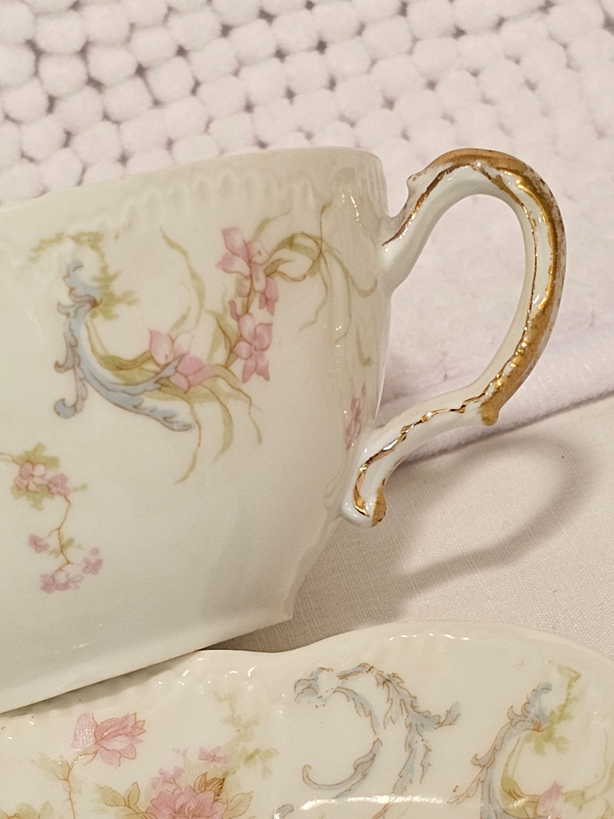 Bouillon cups w/ saucers, set of three, vintage china, Haviland, Cauldon, Pouyat