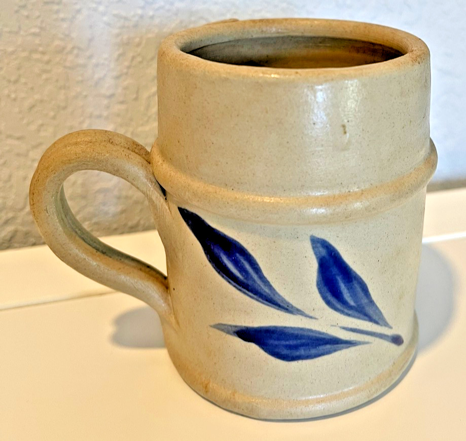 Vintage Williamsburg Pottery 1992 Salt Glaze Cobalt Blue Leaf Mug Cup