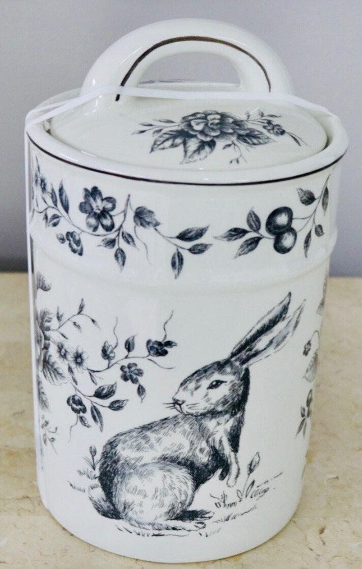 Maxcera FRENCH TOILE RABBIT CABBAGE CANISTER Black White container Jar w/Lid 10″
