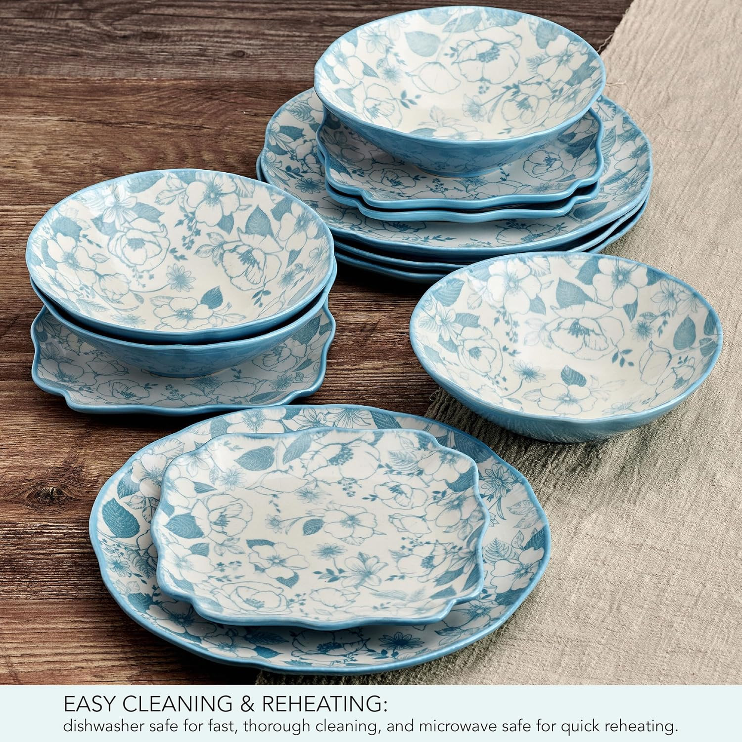 Garden Blossom Floral 12 Piece Plate Bowl Dinnerware Set, Blue